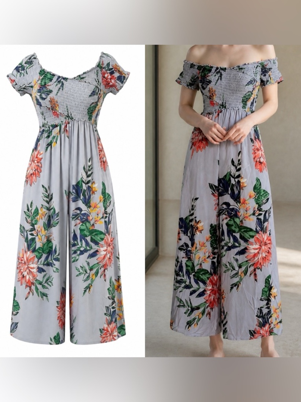 WIDE LEG JUMPSUIT. SMALL. PATRONS OF PEACE SMOCKED TOP FLORAL OFF SHOULDER.